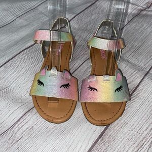 Fab kids girls 13 slip on glitter sandals w/ankle strap closure rainbow/tan